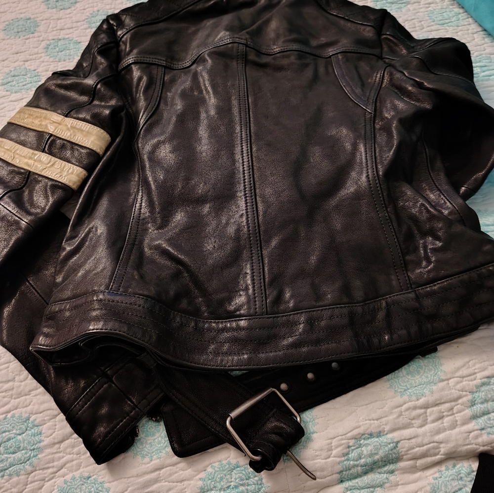 Wilson Black Leather Jacket with Cream Stripes - Picture 2 of 3